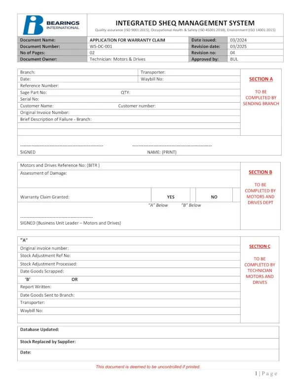 Application For Warranty Claim