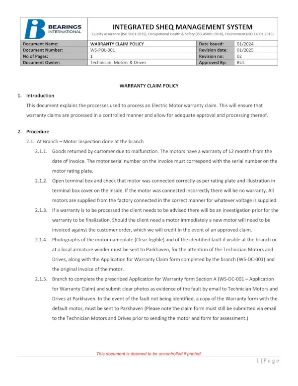 Warranty Claim Policy Electric Motor