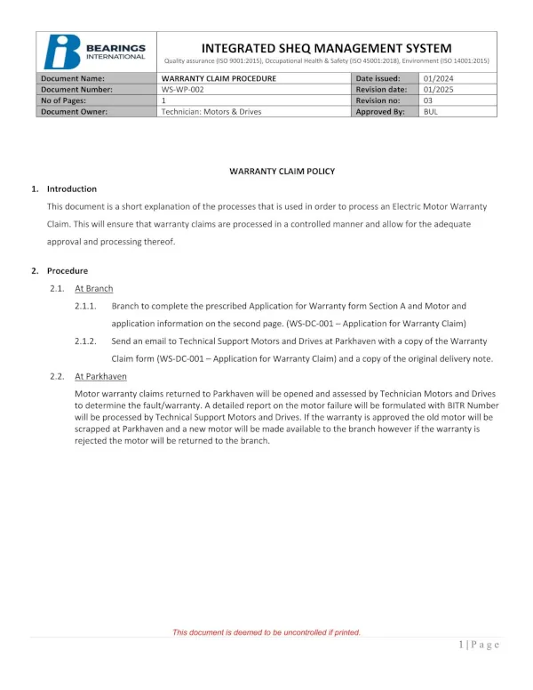 Warranty Claim Procedure Electric Motor